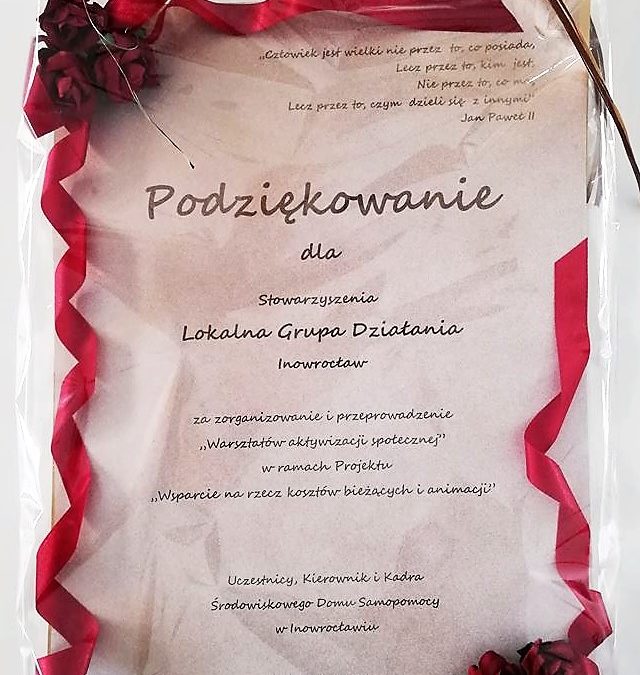Podziękowanie za&nbsp;udział w&nbsp;Warsztatach oraz&nbsp;Mini warsztatach Aktywizacji Społecznej